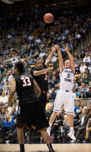 Tyler Haws shoots the ball during Thursday's game in the Marriott Center against Pacific. Haws led the Cougars with 38 points. Photo by Sarah Hill.