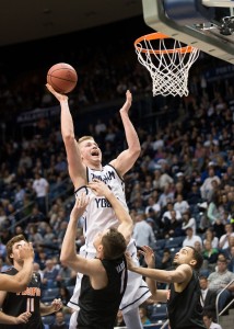 Eric Mika drives up to the basket during Thursday's game in the Marriott Center against Pacific. Photo by Sarah Hill.