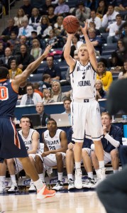 Tyler Haws shoots the first of three big three-pointers at the end of Thursday's game at the Marriott Center against Pepperdine. Haws led the team with 35 points. Photo by Sarah Hill.