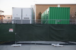 This semester's campus construction will include a few more weeks with these two generators, whose purpose is unknown, beside the HBLL. Photo by Elliott Miller. 