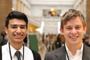 Christian Sanchez, 17, and Joseph Smith, 16, pose during "Local Official's Day" at the Utah State Capitol .