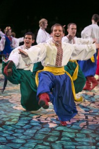 BYU student Thomas Call dances with the BYU International Folk Dance Ensemble in a traditional Slavic dance. Participating in traditional Slavic dance is one way that students are getting into the Olympic season this year. (Photo courtesy of Tyler Smith.)
