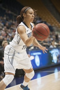 BYU's Xojian Harry passes the ball in Saturday's game against Santa Clara. Photo by Elliott Miller.