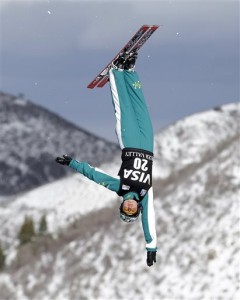 Samantha Wells, Austrailia, competes during the women's freestyle World Cup aerials in Park City. Photo courtesy of Associated Press.