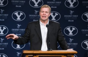 Head coach Bronco Mendenhall speaks on National Letter of Intent Day. Photo by Jaren Wilkey/BYU