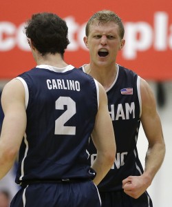 Tyler Haws celebrates beside teammate  Matt Carlino after scoring against Saint Mary's in the second half of the game in Moraga, Calif. Photo courtesy AP Photo/Ben Margot.