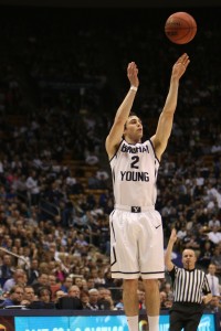 Matt Carlino lets one of his eight three pointers go as BYU defeated Portland at the Marriott Center. Photo by Natalie Stoker.