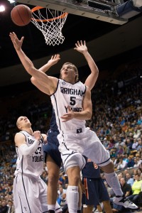 Kyle Collinsworth lays the ball up against Pepperdine Jan. 9 at the Marriott Center. Photo by Natalie Stoker