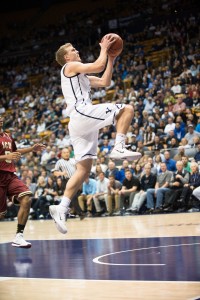 Tyler Haws drives to the basket uncontested Feb. 6 against Santa Clara. Photo by Sarah Hill