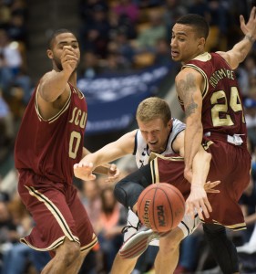Tyler Haws is blocked by a Santa Clara defender as he dives towards the ball earlier this season. Photo by Sarah Hill