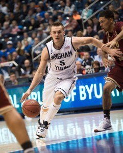 Kyle Collinsworth drives towards the basket during Thursday's game against Santa Clara. Photo by Sarah Hill