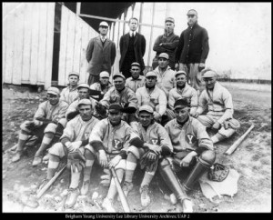 The BYU baseball team played its first game against Utah in 1895. This is the 1915 BYU squad. Photo courtesy of the BYU Lee Library University Archives; UAP 2.