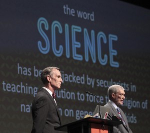 Creation Museum head Ken Ham, right, speaks during a debate on evolution with TV's "Science Guy" Bill Nye.