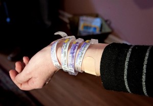 Hospital bracelets list the names of Kim Fugate’s idential quadruplets: Kenleigh Rosa, Kristen Sue, Kayleigh Pearl and Kelsey Roxanne.