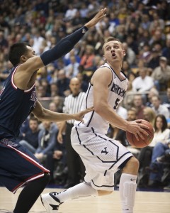 BYU's Kyle Collinsworth looks to shoot while playing the Saint Mary's Gaels  Feb. 1 at the Marriott Center (Photo By Elliott Miller)