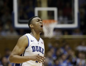 Duke's Jabari Parker reacts following a dunk against Wake Forest during the second half of an NCAA college basketball game in Durham, N.C., Tuesday, Feb. 4, 2014.  Duke won 83-63. (AP Photo/Gerry Broome)