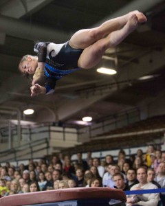 Eilane Kulczyk competes in the vault in the meet against Utah State. Photo by Ari Davis.