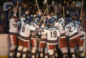 The USA Team celebrate their win against Russia after the final in the Ice Hockey event at the 1980 Winter Olympic Games in Lake Placid, USA. The USA won the gold medal and Russia the silver medal in this event. (Mandatory Credit: Steve  Powell/Allsport)