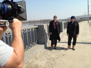 Actors on set of the Saratov Approach in Kiev. Corbin Allred and Maclain Nelson star as Elders Tuttle and Propst in the film about real-life missionaries who were abducted while serving in Russia. (Photo courtesy of Garrett Batty.)