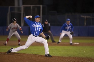 Desmond Poulson pitches from the mound in a recent game. 