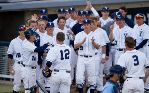 Tonight's game was BYU's second shutout in a row. Caldwell is welcomed by teammates after scoring in a recent game.