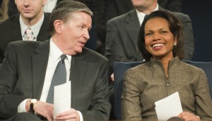 BYU President Cecil O. Samuelson speaks with former Secretary of State Condoleezza Rice in the Marriott Center. Photo by Luke Hansen