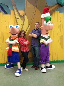 BYU students Jamie and Quentin Willey pose with Finneas and Pherb at Walt Disney World resort. The resort is scheduled to to open a new Seven Dwarfs Mine Train ride this spring. (Photo courtesy of Jamie Willey.)