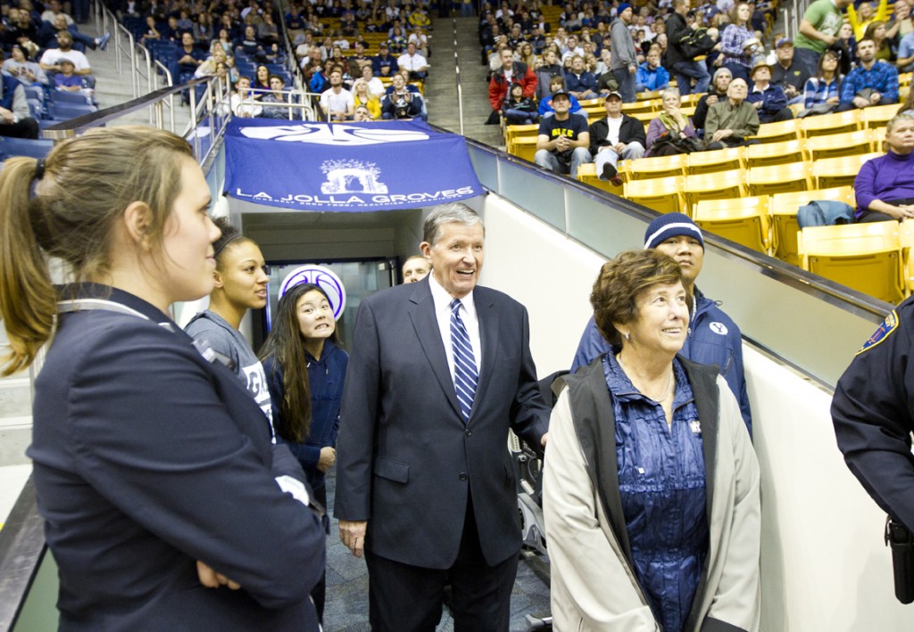 President Samuelson and his wife enter the Marriott Center.