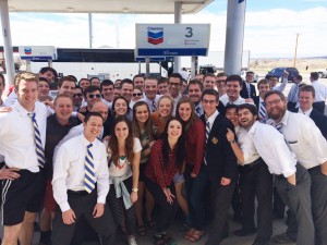 180 Men's Chorus members on tour filed off their bus at a gas station, intending to get fresh air. They ended up serenading several awestruck girls with Josh Groban's "You Raise Me Up." (Photo courtesy of Calvin Olsen.)