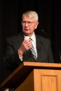 Bishop Richard C. Edgely, emeritus member of the Presiding Bishopric, addresses a large crowd of prospective new missionaries at Brigham Young University on March 5, 2014.