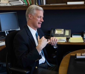 Kevin J Worthen talks with The Universe in his office in the ASB. He has been BYU's advancement vice president since 2008 and will become the university president on May 1. (Photo by Ari Davis)