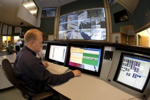 An employee working in the traffic management office. From this office in Salt Lake City, they can monitor 80 percent of the lights in the state and view 900 cameras along UDOT owned roadways. 