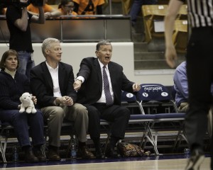 President Cecil O. Samuelson sits courtside during a BYU women's basketball game last season. Photo by Sarah Hill
