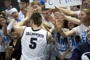 BYU fans congradulate Kyle Collinsworth after Monday's WCC Semifinal win against San Francisco. Photo by Elliott Miller.
