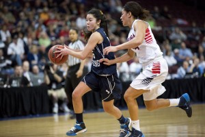 Kylie Maeda dribbles the ball in the WCC Championship game against Gonzaga. Photo by Sarah Hill