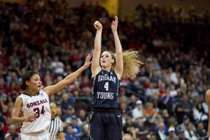 Kim Beeston makes a jumper in Tuesday's WCC Championship game. Photo by Elliott Miller.