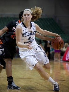 Kim Beeston dribbles to the net in BYU's WCC Semifinal game against Pacific. Photo by Elliott Miller.