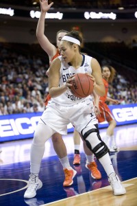 Morgan Bailey works around a Pepperdine player in Friday's WCC tournament game.