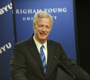 New BYU President Kevin J. Worthen speaks at press conference following President Eyring's announcement. Photo by Sarah Hill.