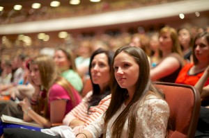 Women sit in the conference center during a women's broadcast.   Photo Courtesy of: Mormon Newsroom