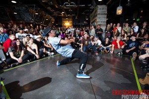 2 on 2 b-boy battle. Dancers use creativity, skill and musicality to win over the audience and judges (Photo courtesy of Eric Schwantes). 