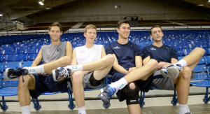 BYU volleyball players Matt Underwood, Robbie Sutton, Michael Hatch and Tyler Heap. All four players are engaged. Photo by Sarah Ballard