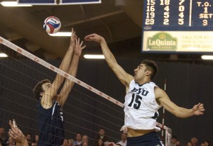 BYU's Taylor Sander returns the ball to Pepperdine and scores the final point of the match. Photo by Maddi Dayton.
