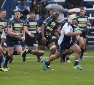 BYU's Zane Mendenhall  runs in for a try as Navy trails on Saturday, April 26, at BYU's South Field. BYU won 60-0.