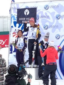 Ashley Caldwell accepts her first place finish at the U.S. Freestyle Championships. Si Ning, left, and Allison Lee, right, also made the podium. Photo by Sarah Ballard