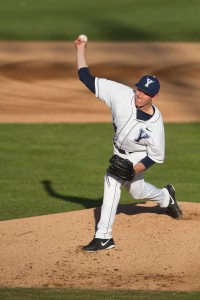 Desmond Poulson throws a pitch for BYU this season. Photo by Sarah Hill