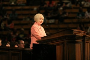 Sis. Mary N. Cook addresses the need to move forward  with faith in Christ during the closing session of Women's Conference on May 2, 2014. (Photo by Maddi Dayton.)