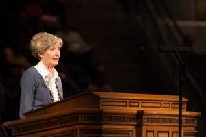 Marie K. Hafen shares the wonderful blessings that come through the atonement of Jesus Christ at the Thursday afternoon, May 1, General Session of the Women's Conference at Brigham Young University. (Photo by Natalie Stoker.)