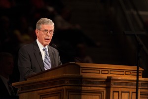 Elder Bruce C. Hafen shares his message on the "Redeeming and Strengthening Powers of the Atonement" at the Thursday afternoon, May 1, General Session of Women's Conference at Brigham Young University. (Photo by Natalie Stoker.)