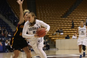 Lexi Eaton drives past a Colorado Mesa defender on her way to the hoop. Eaton will return to the hardcourt as a junior in the Winter. (Sarah Hill)